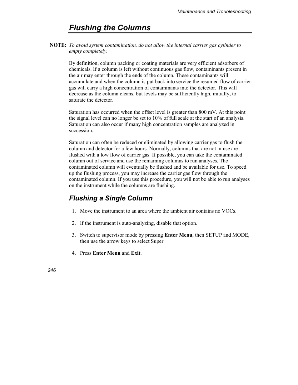 Flushing the columns, Flushing a single column | INFICON Explorer Portable Gas Chromatograph User Manual | Page 248 / 369