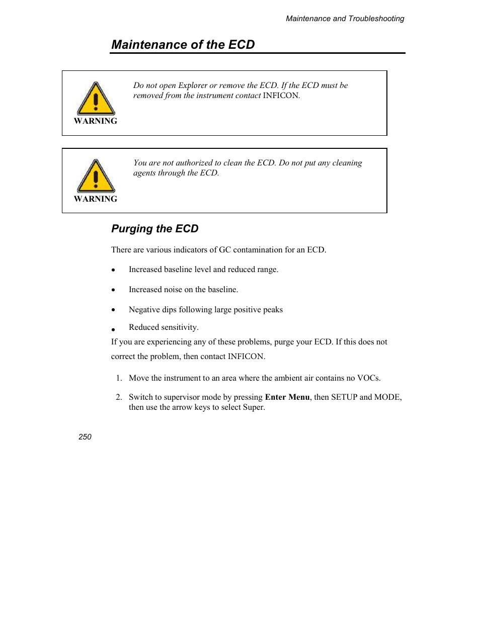 Maintenance of the ecd, Purging the ecd | INFICON Explorer Portable Gas Chromatograph User Manual | Page 252 / 369