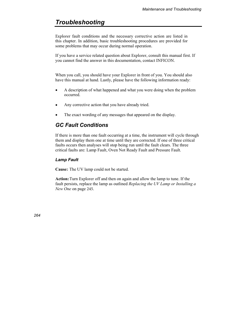 Troubleshooting, Gc fault conditions | INFICON Explorer Portable Gas Chromatograph User Manual | Page 266 / 369