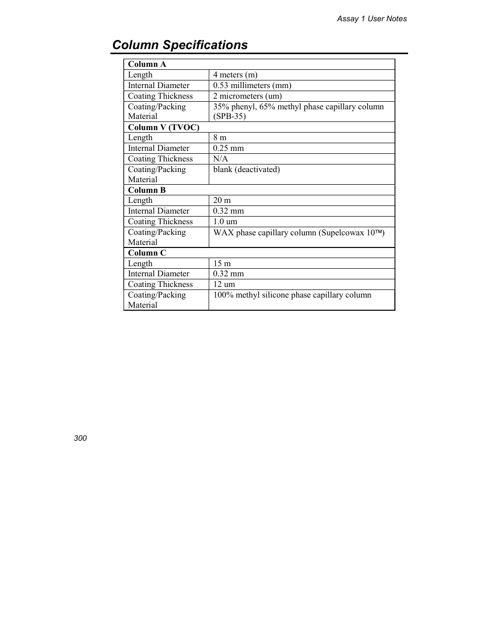 Column specifications | INFICON Explorer Portable Gas Chromatograph User Manual | Page 302 / 369