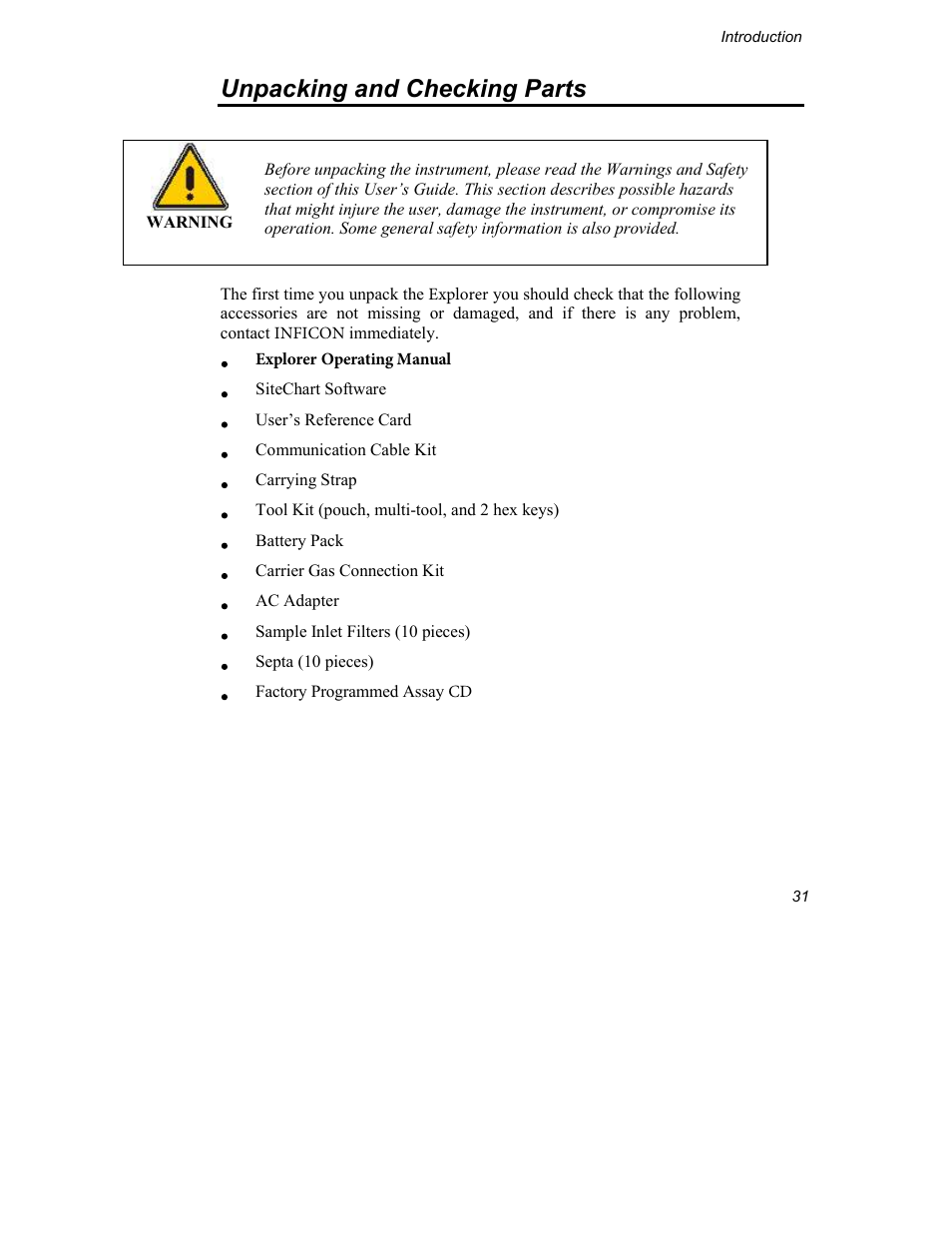 Unpacking and checking parts | INFICON Explorer Portable Gas Chromatograph User Manual | Page 33 / 369