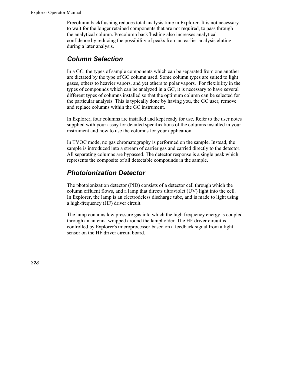 Column selection, Photoionization detector | INFICON Explorer Portable Gas Chromatograph User Manual | Page 330 / 369