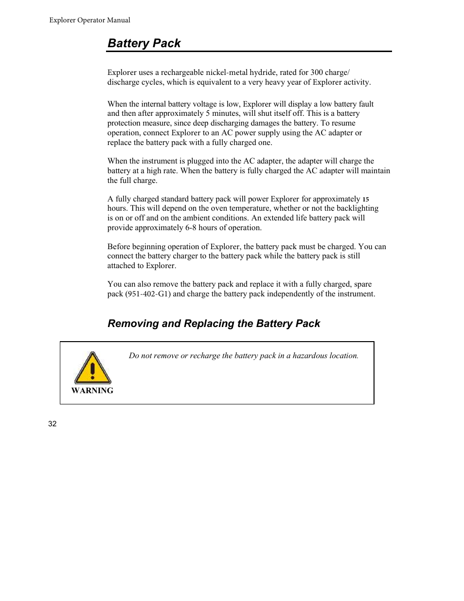 Battery pack, Removing and replacing the battery pack | INFICON Explorer Portable Gas Chromatograph User Manual | Page 34 / 369