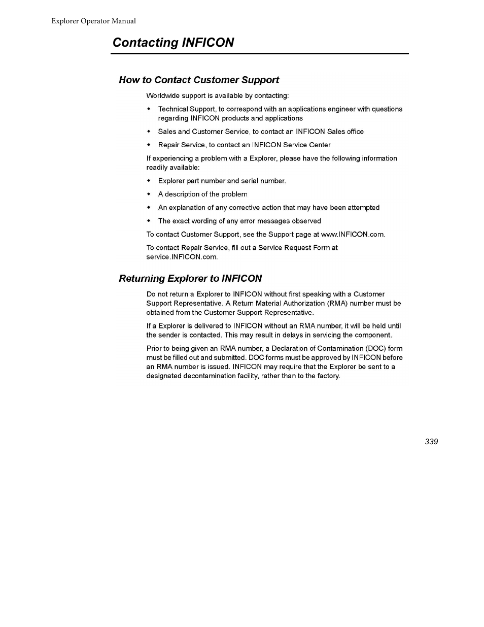 Contacting inficon | INFICON Explorer Portable Gas Chromatograph User Manual | Page 341 / 369