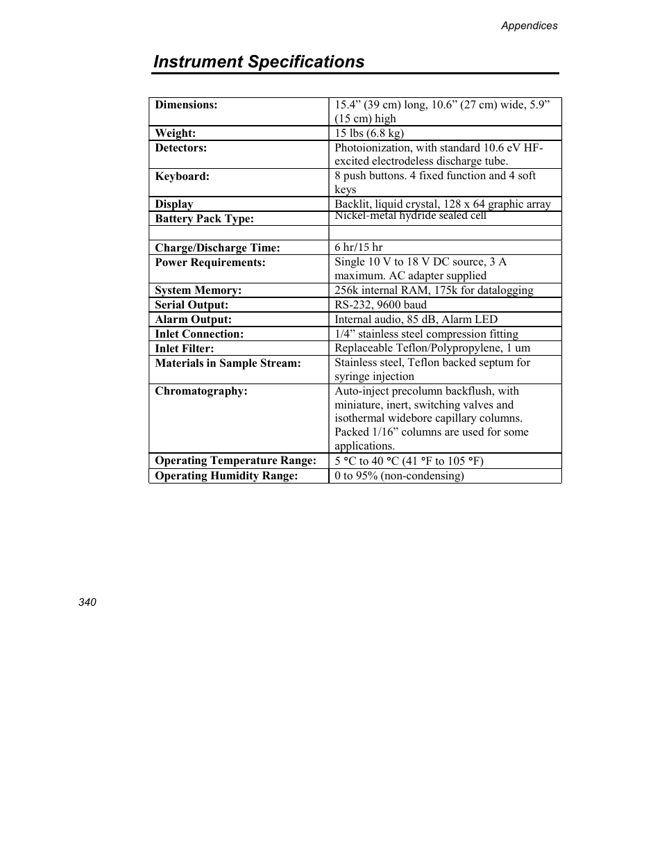 Instrument specifications | INFICON Explorer Portable Gas Chromatograph User Manual | Page 342 / 369