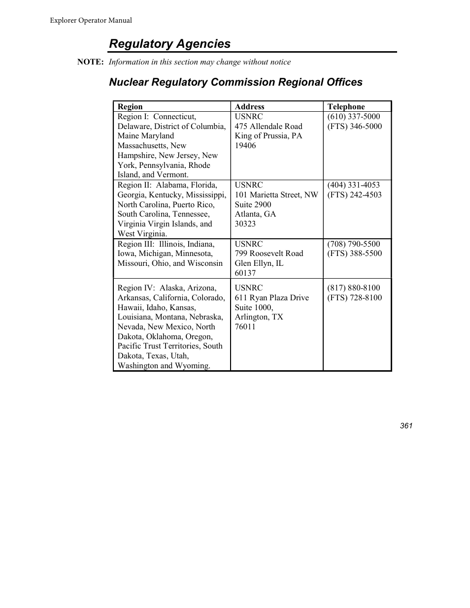 Regulatory agencies, Nuclear regulatory commission regional offices | INFICON Explorer Portable Gas Chromatograph User Manual | Page 363 / 369