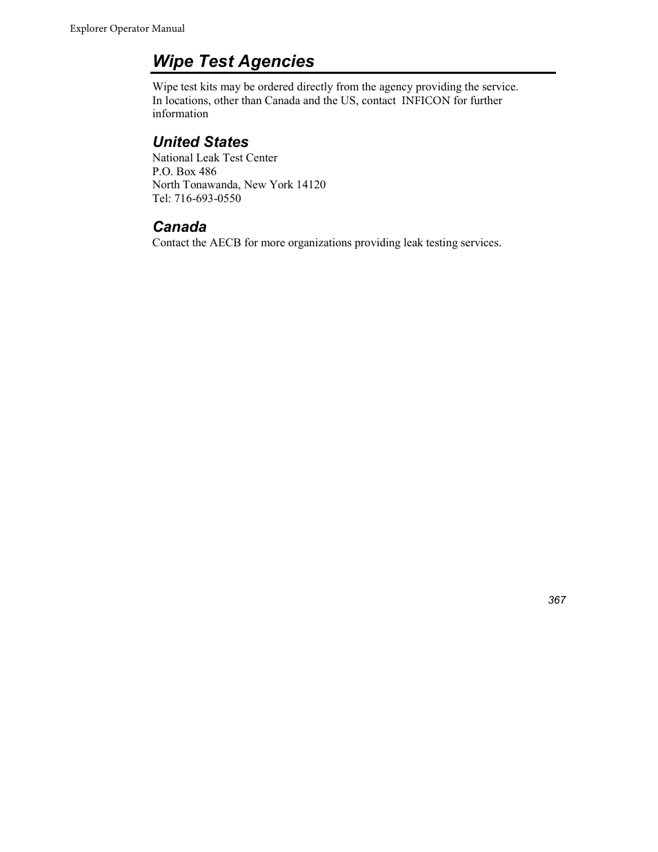 Wipe test agencies | INFICON Explorer Portable Gas Chromatograph User Manual | Page 369 / 369