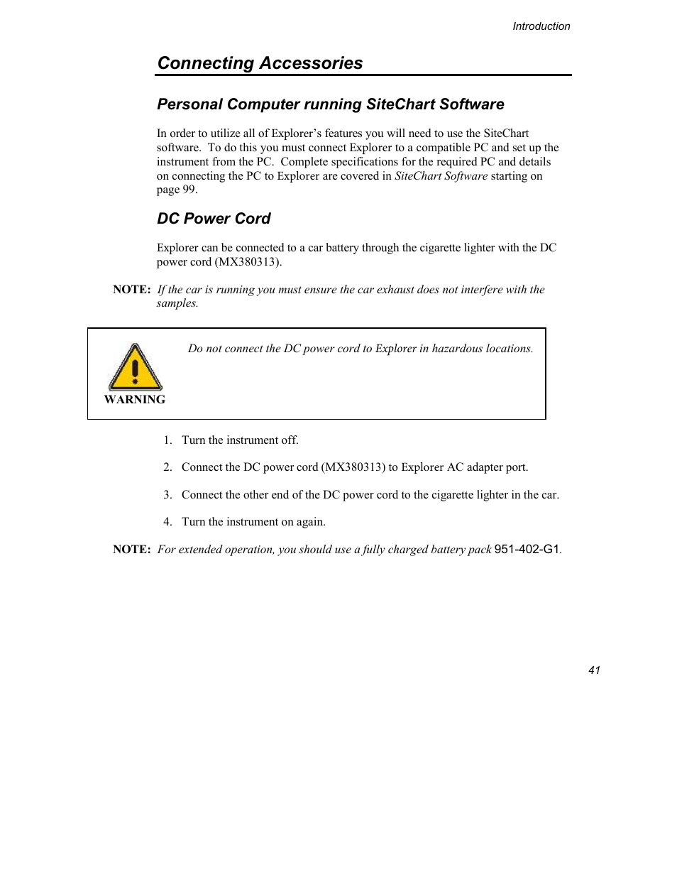 Connecting accessories, Personal computer running sitechart software, Dc power cord | INFICON Explorer Portable Gas Chromatograph User Manual | Page 43 / 369