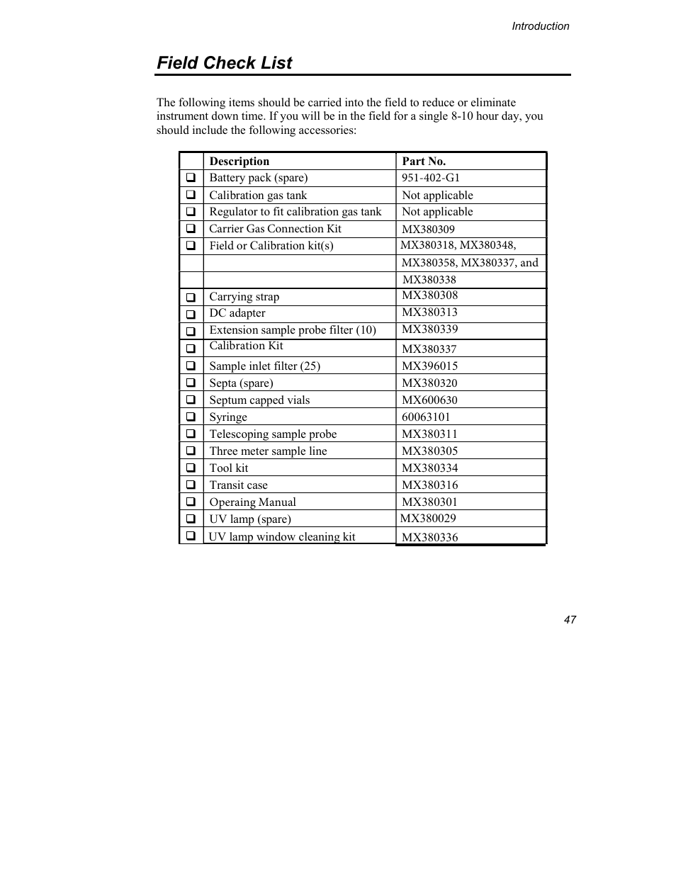 Field check list | INFICON Explorer Portable Gas Chromatograph User Manual | Page 49 / 369