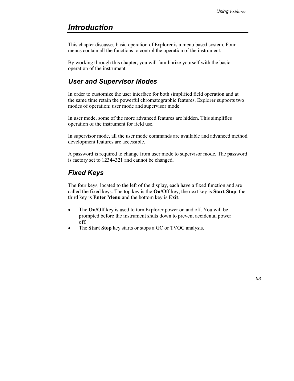 Introduction, User and supervisor modes, Fixed keys | INFICON Explorer Portable Gas Chromatograph User Manual | Page 55 / 369