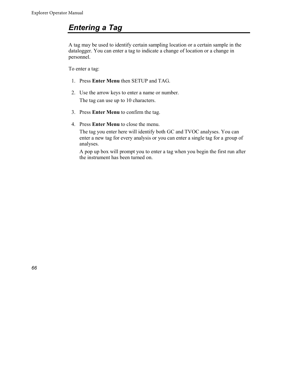 Entering a tag | INFICON Explorer Portable Gas Chromatograph User Manual | Page 68 / 369