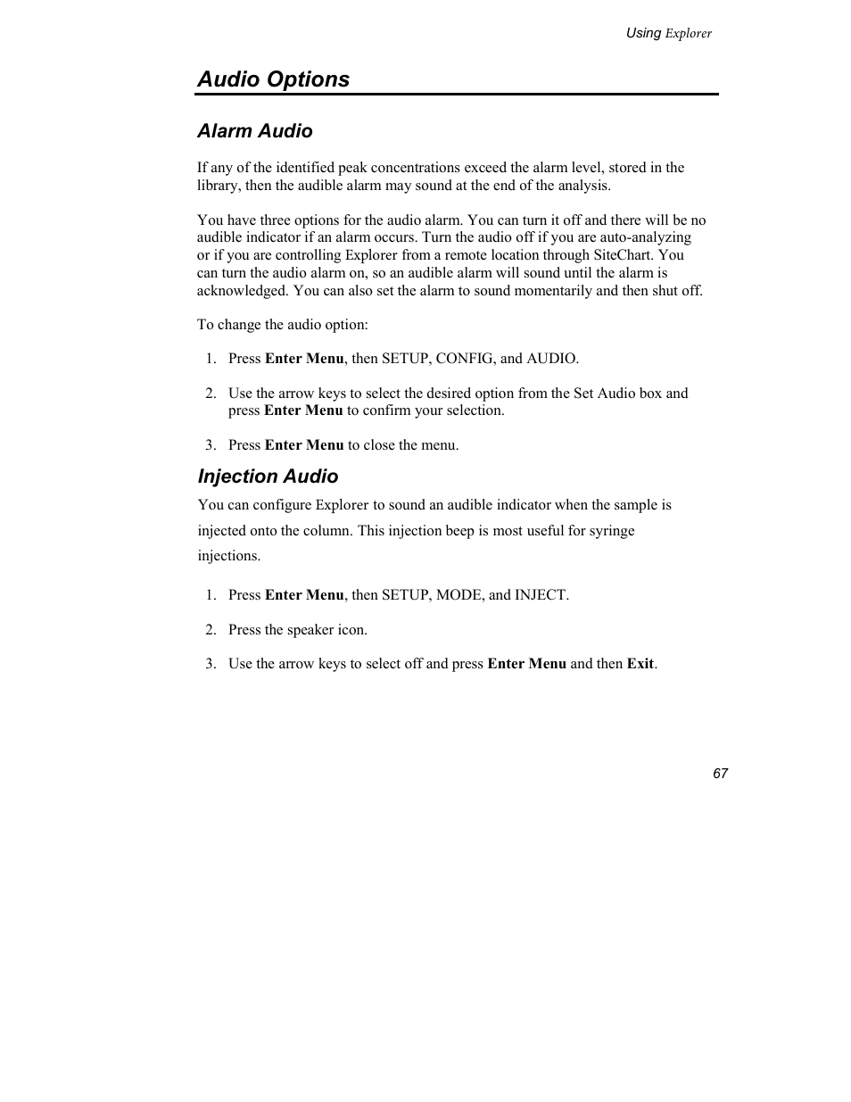 Audio options, Alarm audio, Injection audio | INFICON Explorer Portable Gas Chromatograph User Manual | Page 69 / 369