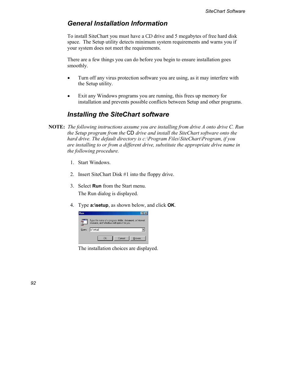 General installation information, Installing the sitechart software | INFICON Explorer Portable Gas Chromatograph User Manual | Page 94 / 369