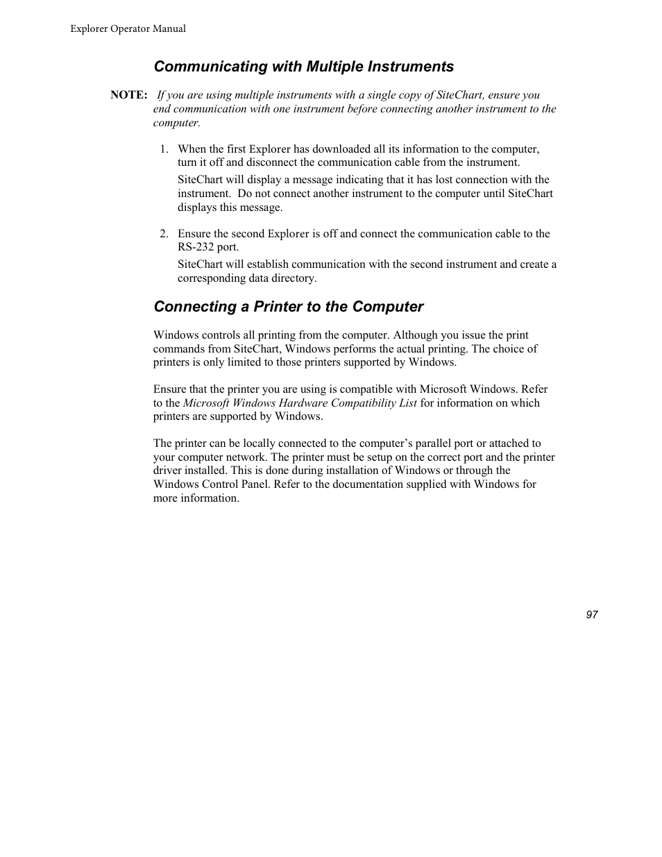 Communicating with multiple instruments, Connecting a printer to the computer | INFICON Explorer Portable Gas Chromatograph User Manual | Page 99 / 369