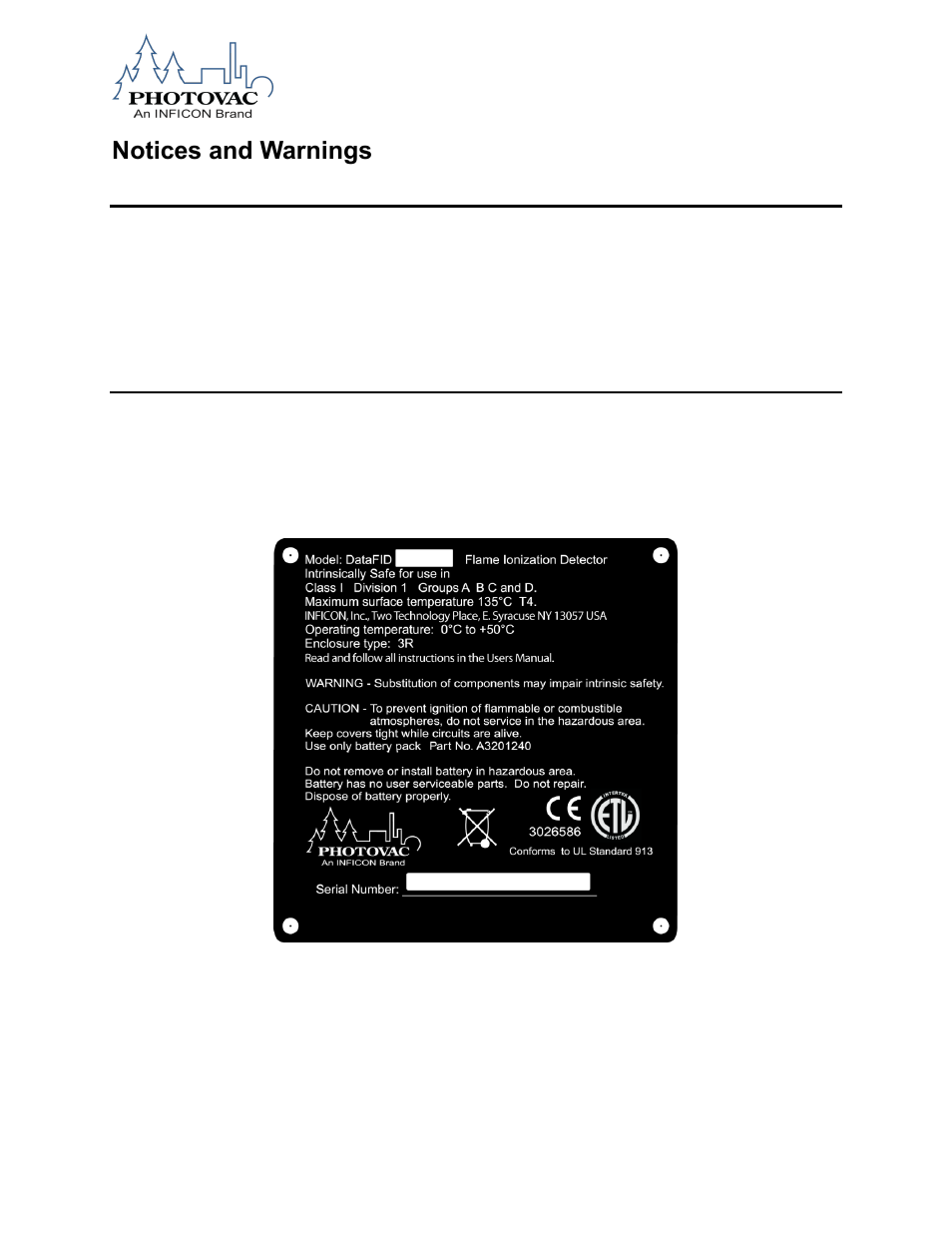 Notices and warnings, Fcc warning, Microfid ii intrinsic safety notice | INFICON MicroFID II Portable Flame Ionization Detector User Manual | Page 8 / 89