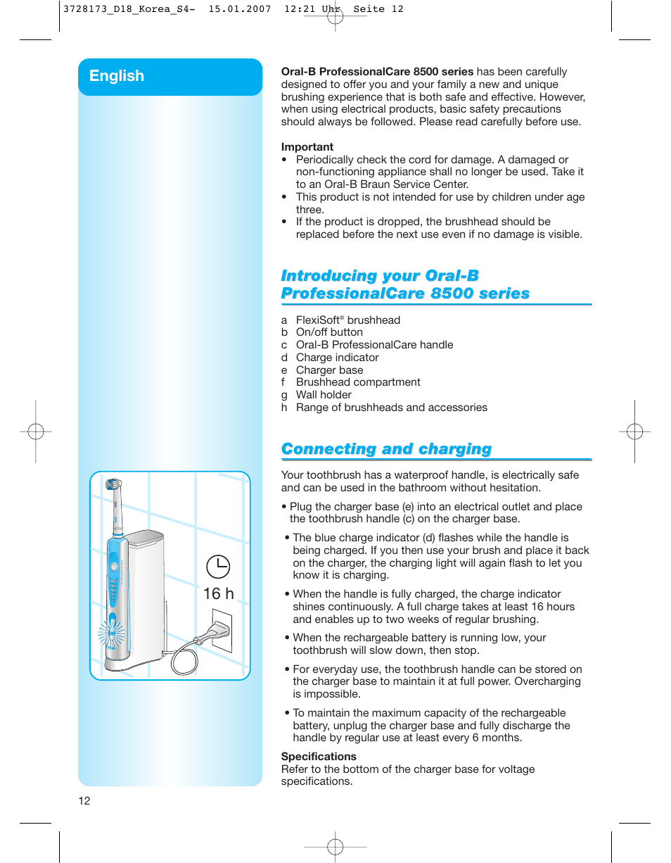 16 h, Intr, Connecting and char | Connecting and char ging ging, English | Braun Professional Care 8000 series User Manual | Page 12 / 18