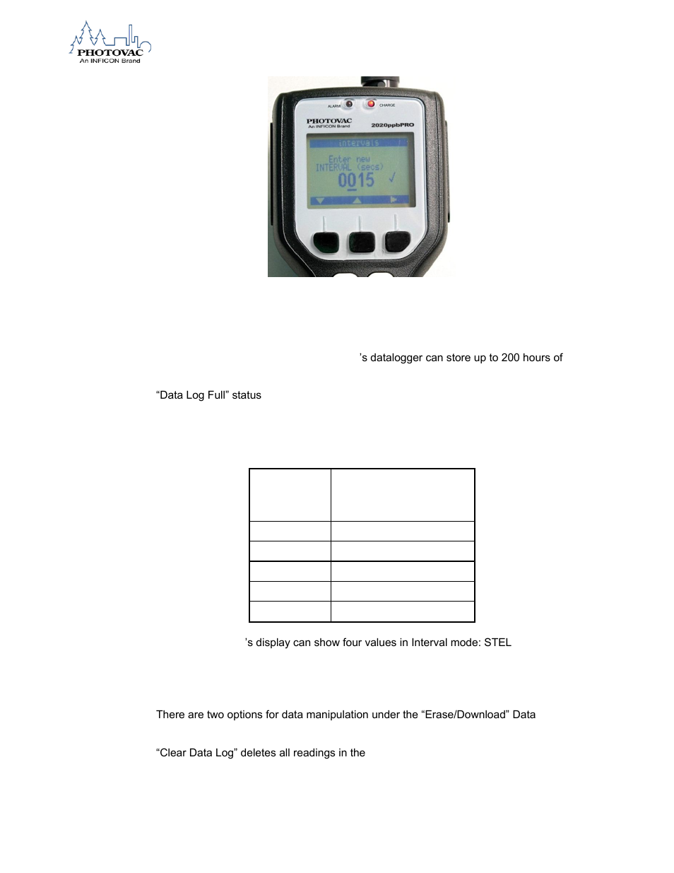 Table 2. averaging intervals and period stel, twa, And peak operation, Erasing or downloading data | INFICON 2020ppbPRO Portable Photoionization Detector User Manual | Page 56 / 109