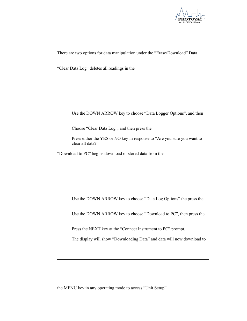 Erasing or downloading data, Unit setup functions | INFICON 2020ComboPRO Portable Photoionization Detector User Manual | Page 62 / 118