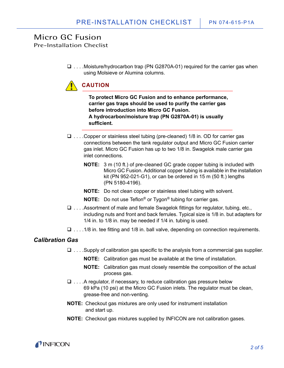Calibration gas, Micro gc fusion, Pre-installation checklist | INFICON Micro GC Fusion Gas Analyzer User Manual | Page 2 / 5