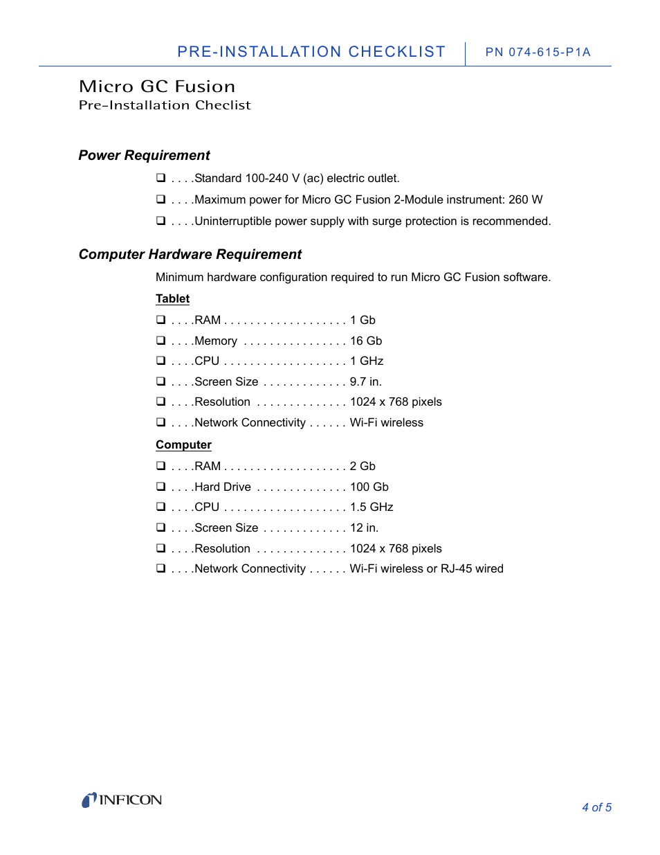Power requirement, Computer hardware requirement, Micro gc fusion | Pre-installation checklist | INFICON Micro GC Fusion Gas Analyzer User Manual | Page 4 / 5