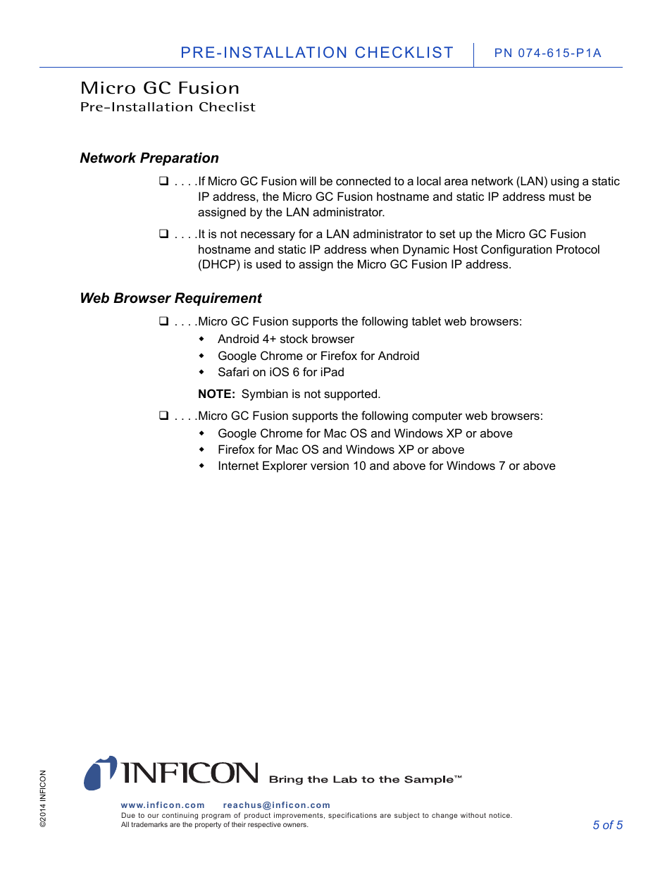 Network preparation, Web browser requirement, Micro gc fusion | Pre-installation checklist | INFICON Micro GC Fusion Gas Analyzer User Manual | Page 5 / 5