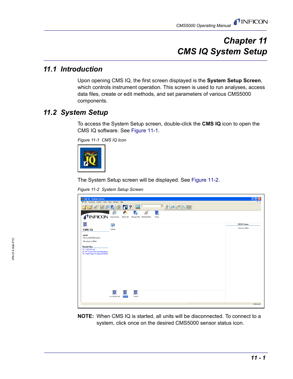 Chapter 11 cms iq system setup, 1 introduction, 2 system setup | Chapter 11 | INFICON CMS5000 Monitoring System User Manual | Page 107 / 262