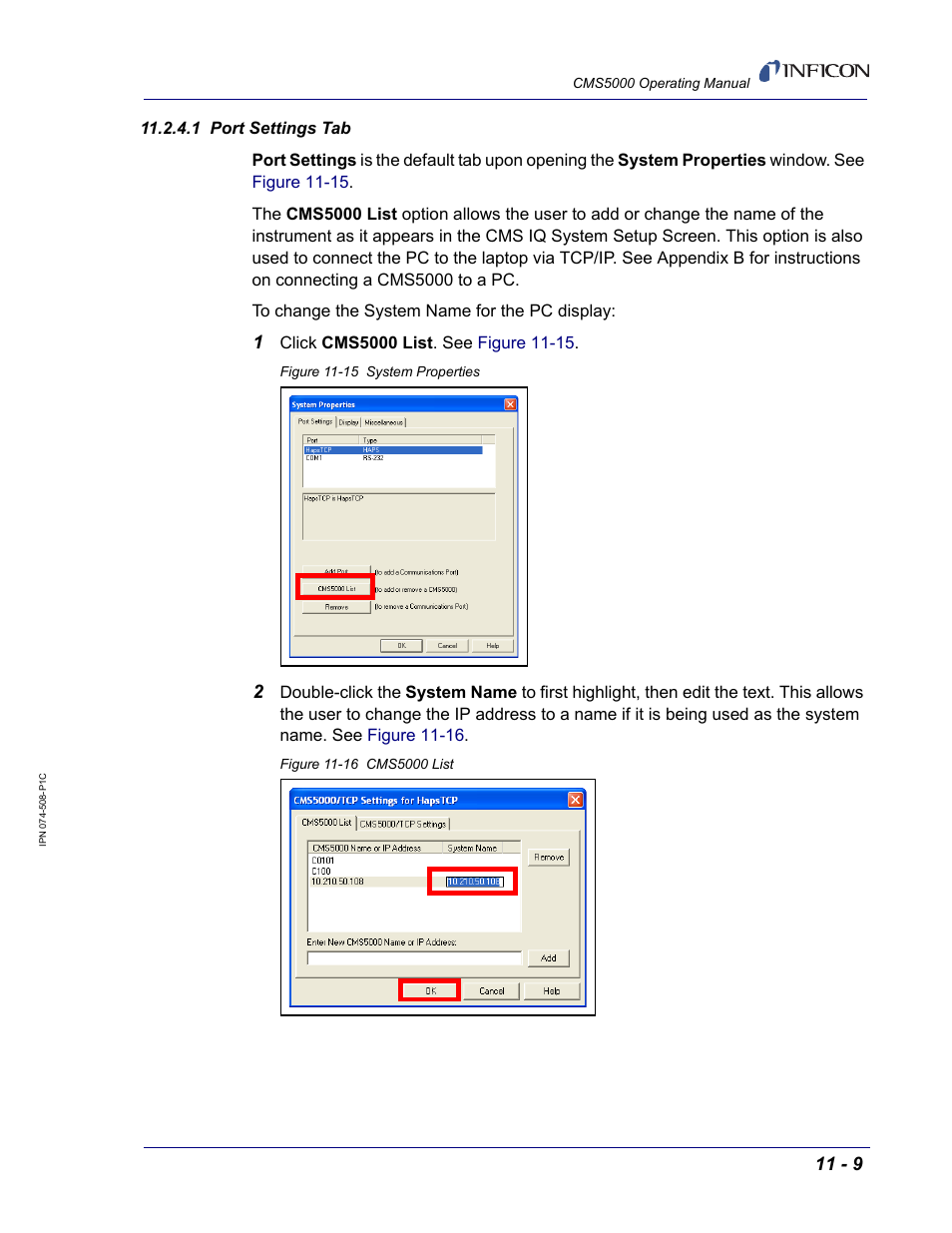 1 port settings tab | INFICON CMS5000 Monitoring System User Manual | Page 115 / 262