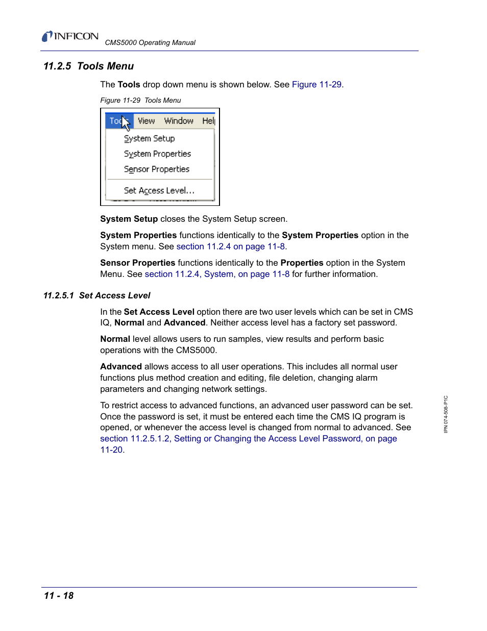 5 tools menu, 1 set access level | INFICON CMS5000 Monitoring System User Manual | Page 124 / 262