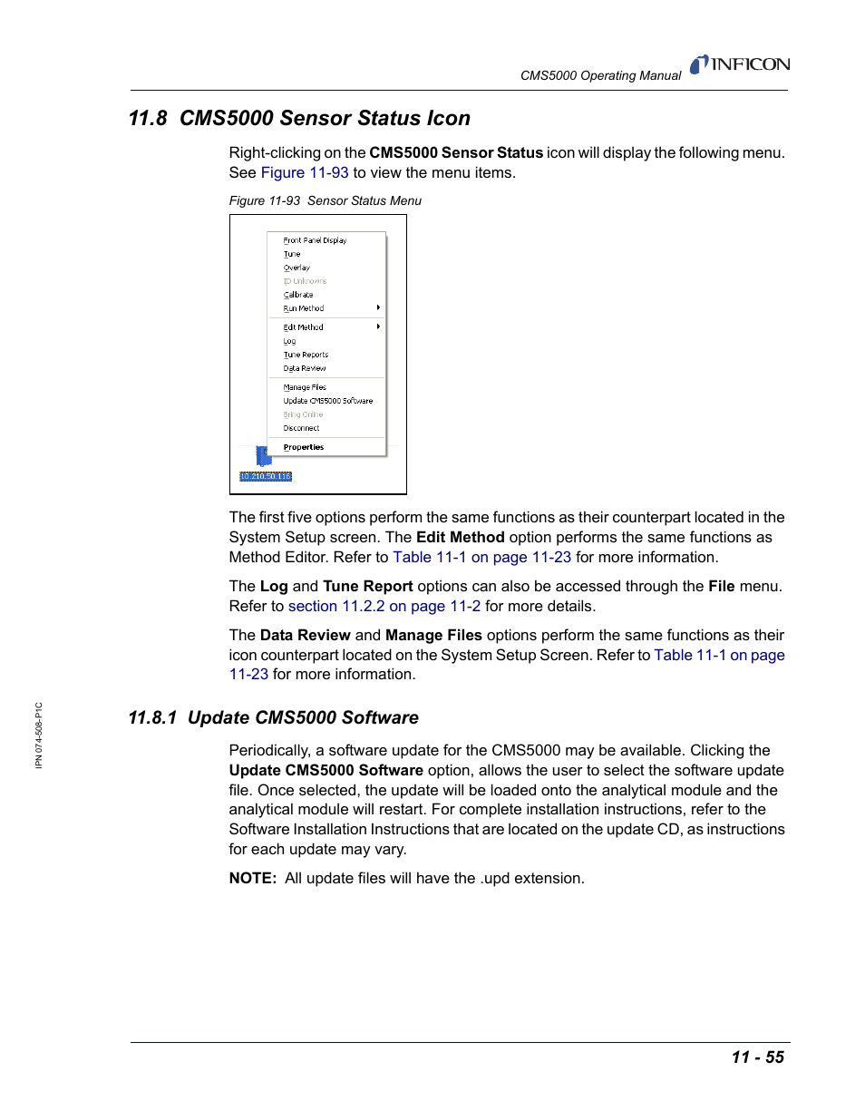 8 cms5000 sensor status icon, 1 update cms5000 software, Section 11.8, cms5000 sensor status | INFICON CMS5000 Monitoring System User Manual | Page 161 / 262