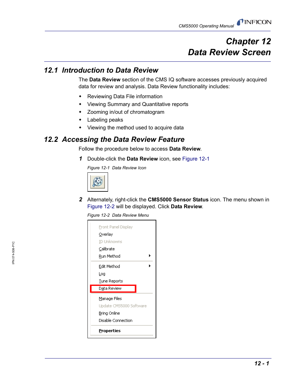 Chapter 12 data review screen, 1 introduction to data review, 2 accessing the data review feature | Chapter 12, Section | INFICON CMS5000 Monitoring System User Manual | Page 163 / 262