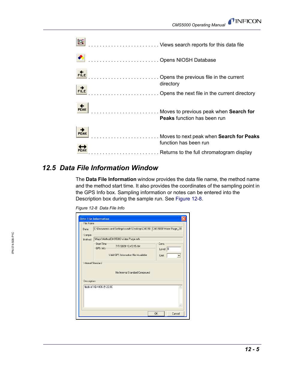 5 data file information window, Data file information | INFICON CMS5000 Monitoring System User Manual | Page 167 / 262