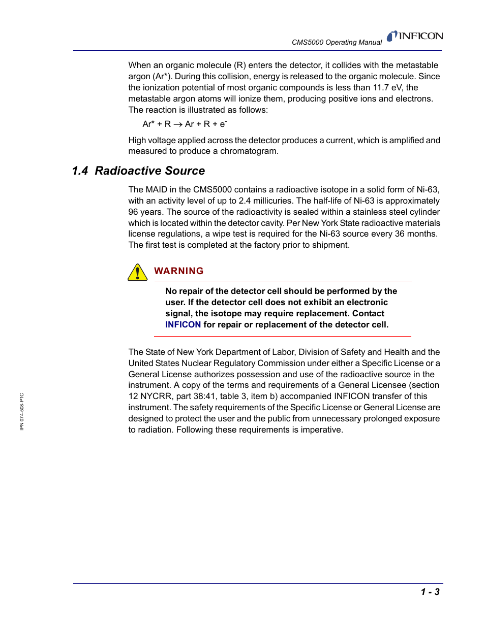 4 radioactive source, Warning | INFICON CMS5000 Monitoring System User Manual | Page 17 / 262
