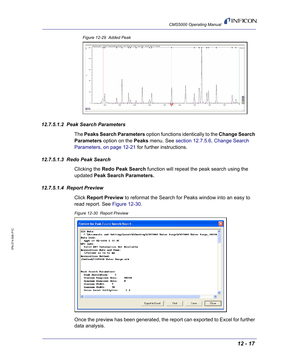 2 peak search parameters, 3 redo peak search, 4 report preview | Figure 12-29 | INFICON CMS5000 Monitoring System User Manual | Page 179 / 262