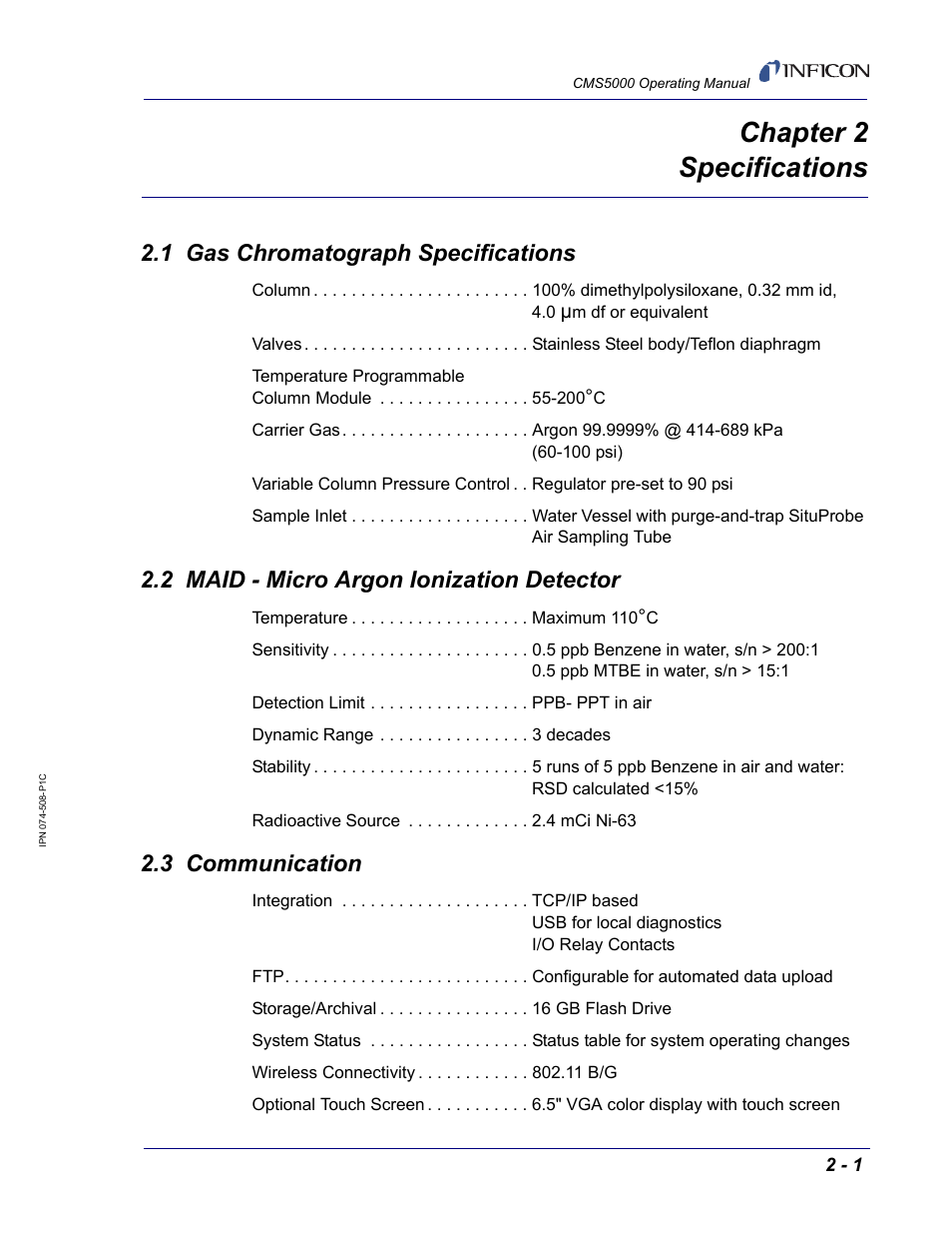 Chapter 2 specifications, 1 gas chromatograph specifications, 2 maid - micro argon ionization detector | 3 communication, Chapter 2 | INFICON CMS5000 Monitoring System User Manual | Page 19 / 262