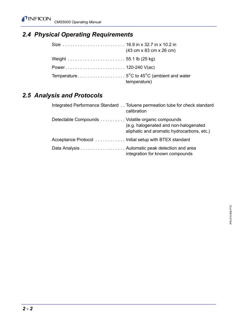 4 physical operating requirements, 5 analysis and protocols | INFICON CMS5000 Monitoring System User Manual | Page 20 / 262