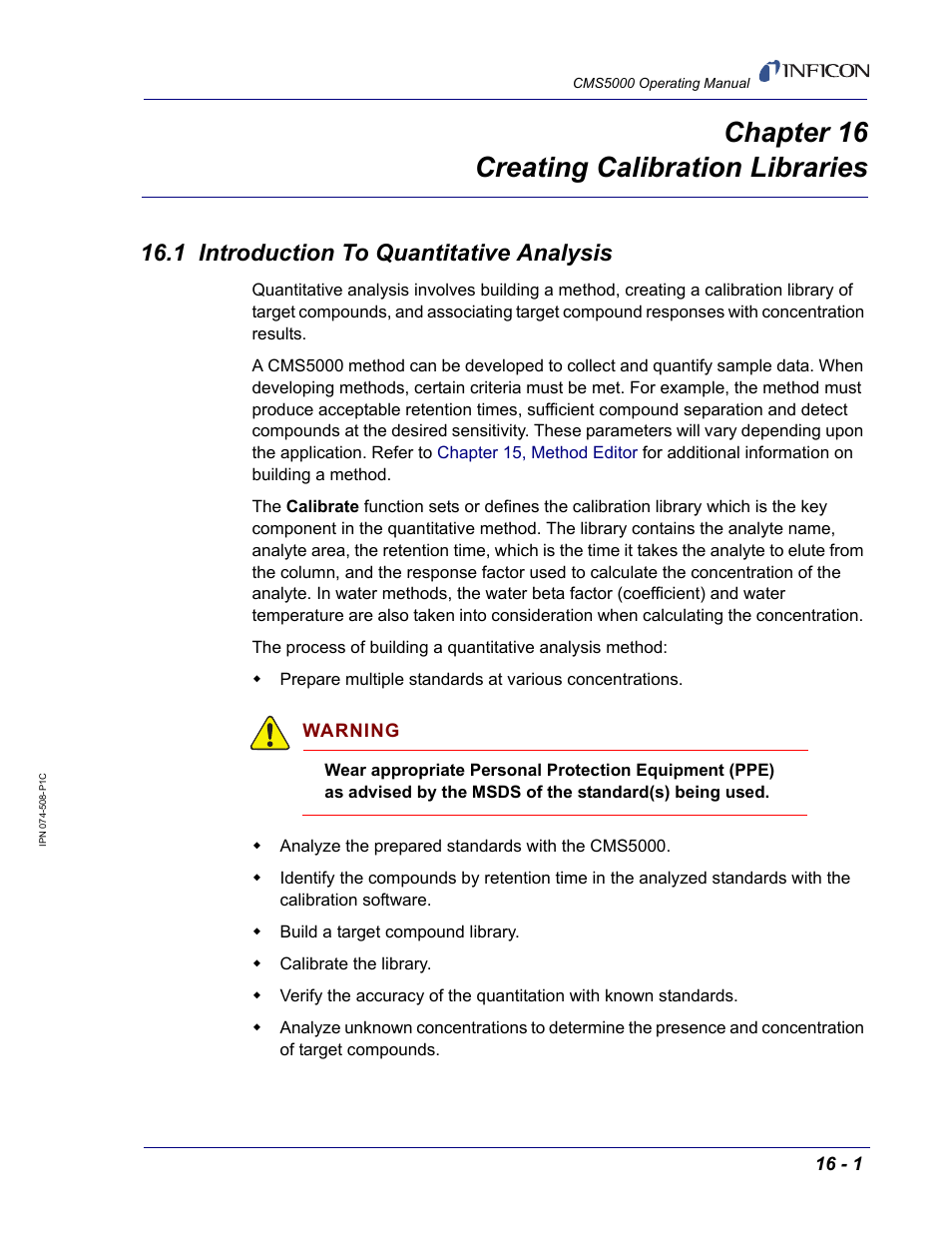 Chapter 16 creating calibration libraries, 1 introduction to quantitative analysis, Chapter 16 | Chapter 16, creating calibration libraries, Chapter 16, creating calibration, Libraries, Chapter, 16, creating calibration libraries, For instru | INFICON CMS5000 Monitoring System User Manual | Page 231 / 262