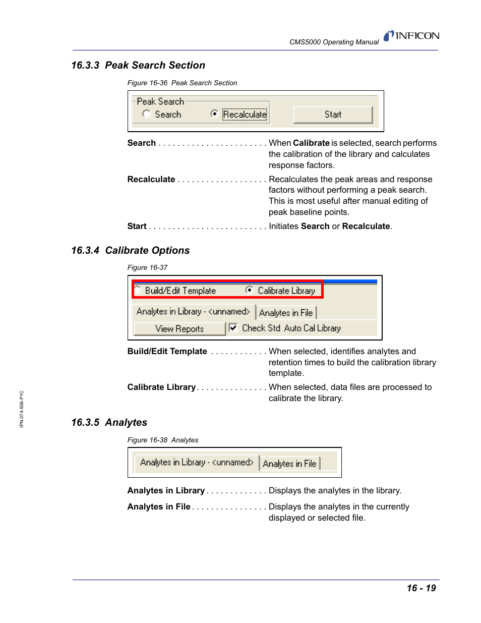 3 peak search section, 4 calibrate options, 5 analytes | INFICON CMS5000 Monitoring System User Manual | Page 249 / 262