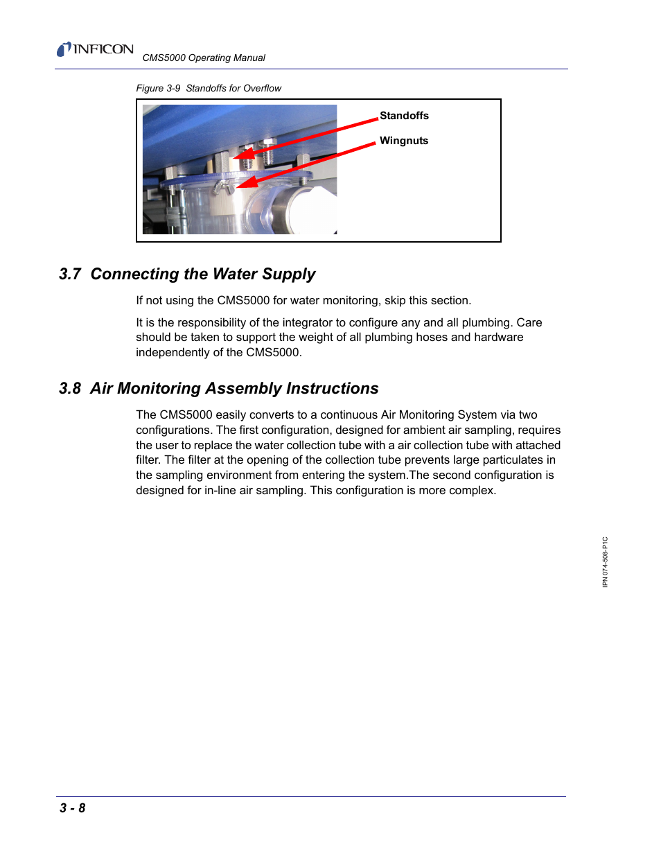7 connecting the water supply, 8 air monitoring assembly instructions, Section 3.7 | INFICON CMS5000 Monitoring System User Manual | Page 28 / 262