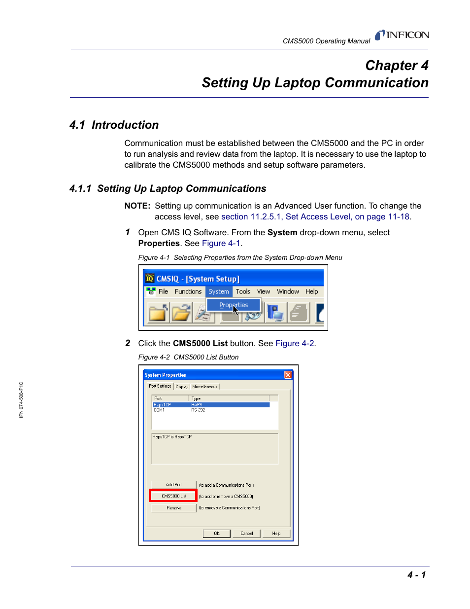 Chapter 4 setting up laptop communication, 1 introduction, 1 setting up laptop communications | Chapter 4 | INFICON CMS5000 Monitoring System User Manual | Page 35 / 262