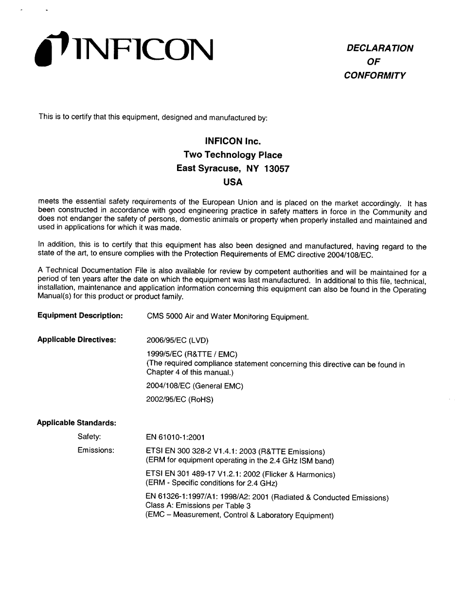 Declaration of conformity | INFICON CMS5000 Monitoring System User Manual | Page 5 / 262