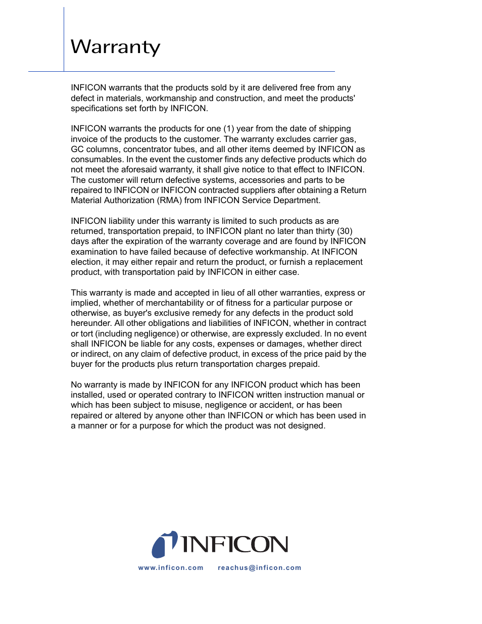 Warranty | INFICON CMS5000 Monitoring System User Manual | Page 7 / 262