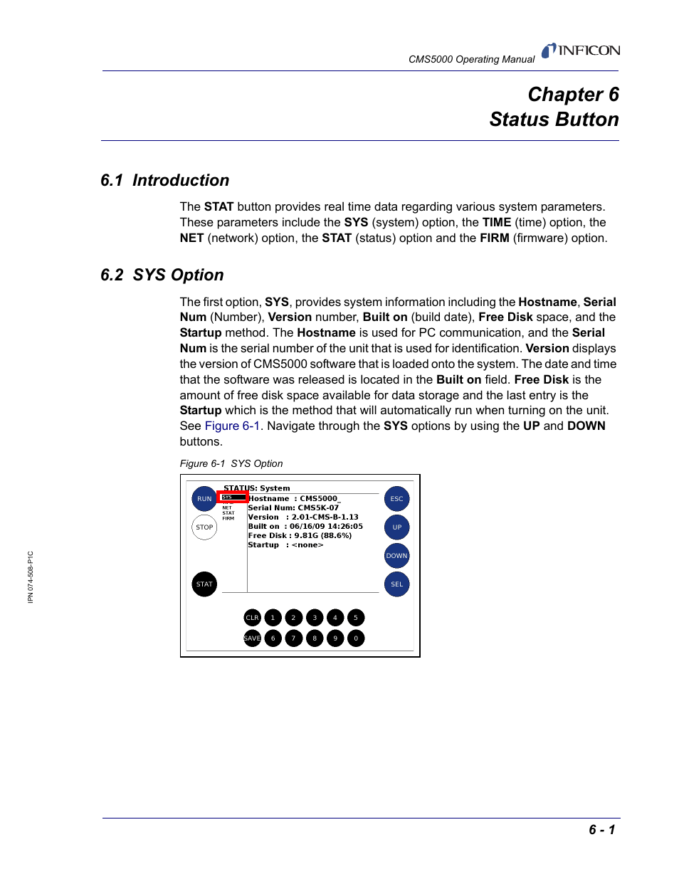 Chapter 6 status button, 1 introduction, 2 sys option | Chapter 6 | INFICON CMS5000 Monitoring System User Manual | Page 77 / 262