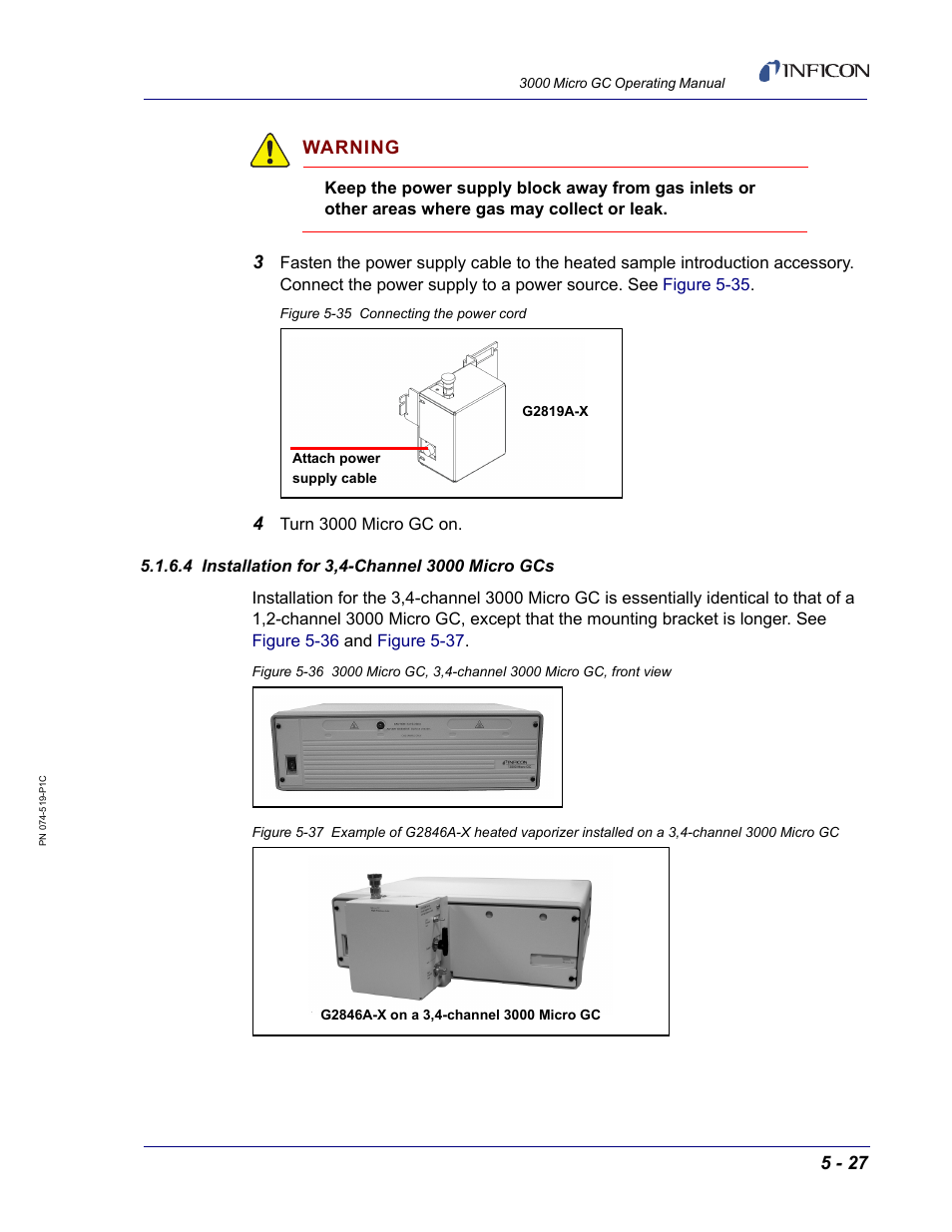 4 installation for 3,4-channel 3000 micro gcs, Warning | INFICON 3000 Micro GC Gas Analyzer Operating Manual User Manual | Page 101 / 268