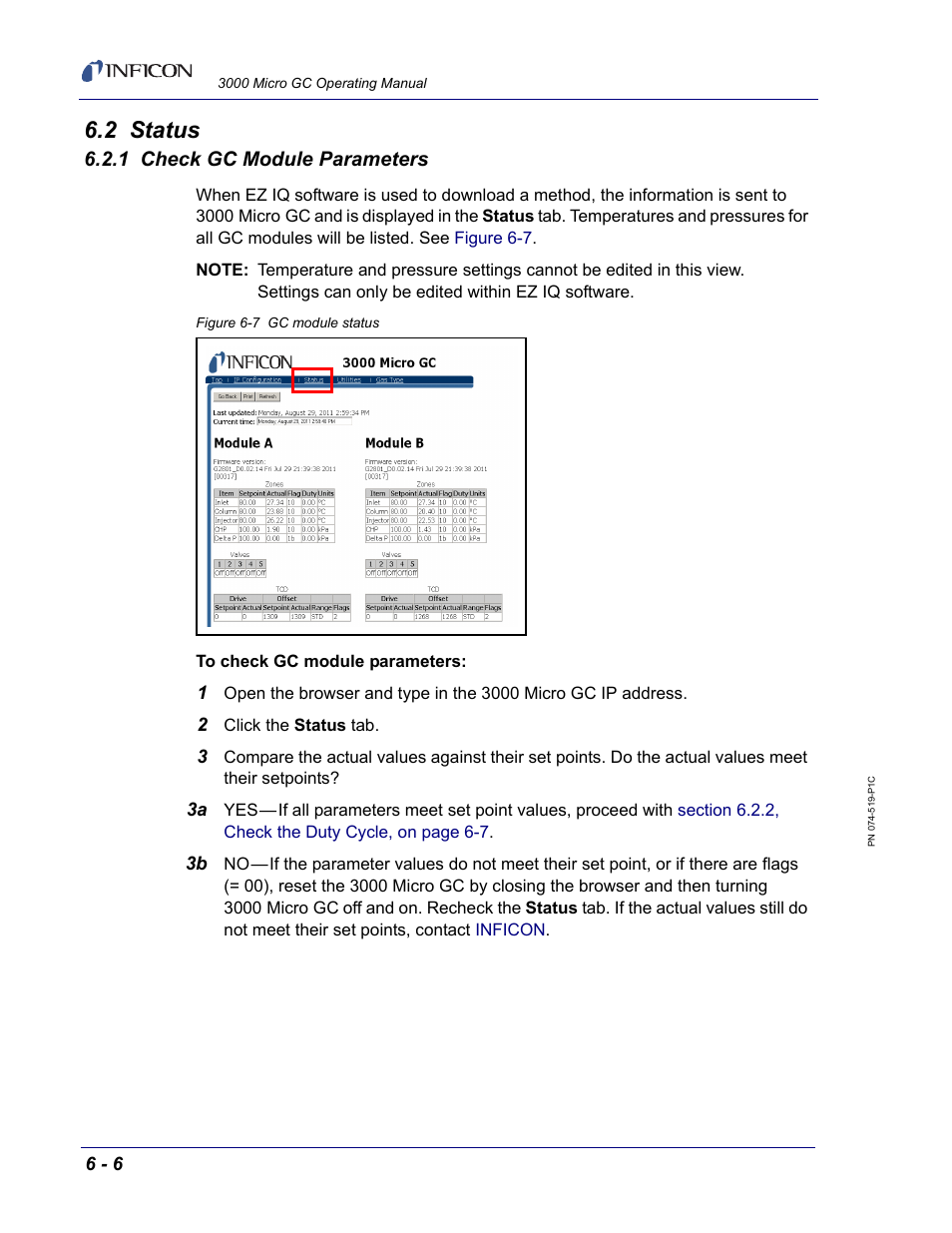 2 status, 1 check gc module parameters | INFICON 3000 Micro GC Gas Analyzer Operating Manual User Manual | Page 114 / 268