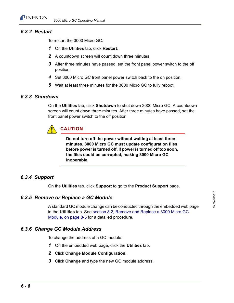 2 restart, 3 shutdown, 4 support | 5 remove or replace a gc module, 6 change gc module address | INFICON 3000 Micro GC Gas Analyzer Operating Manual User Manual | Page 116 / 268