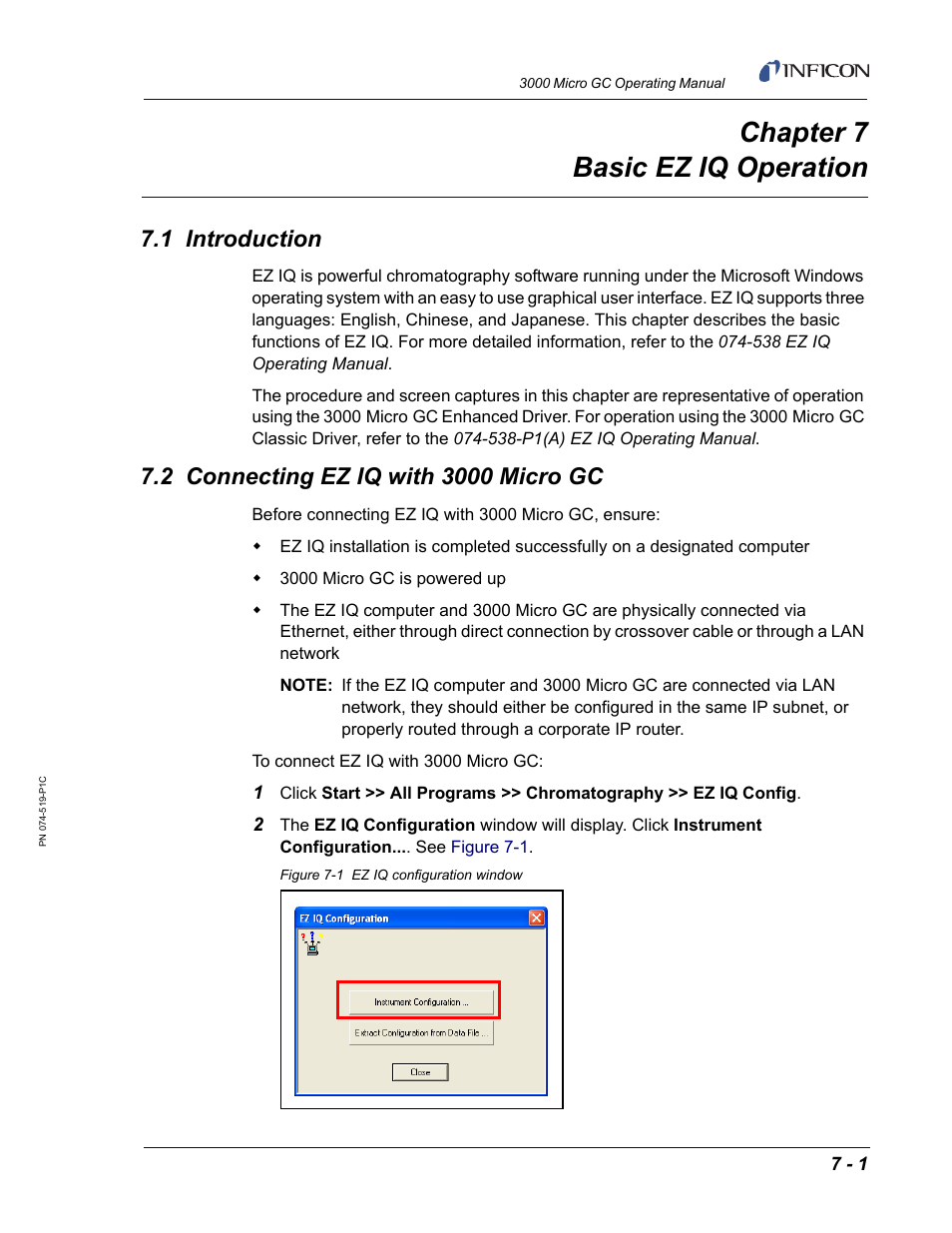 Chapter 7 basic ez iq operation, 1 introduction, 2 connecting ez iq with 3000 micro gc | Chapter 7 | INFICON 3000 Micro GC Gas Analyzer Operating Manual User Manual | Page 129 / 268