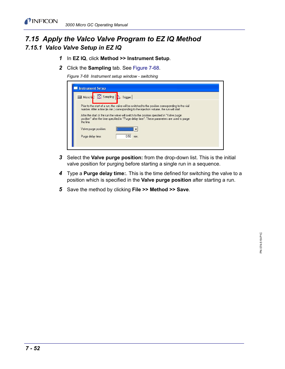 15 apply the valco valve program to ez iq method, 1 valco valve setup in ez iq, Section 7.15.1 on | INFICON 3000 Micro GC Gas Analyzer Operating Manual User Manual | Page 180 / 268