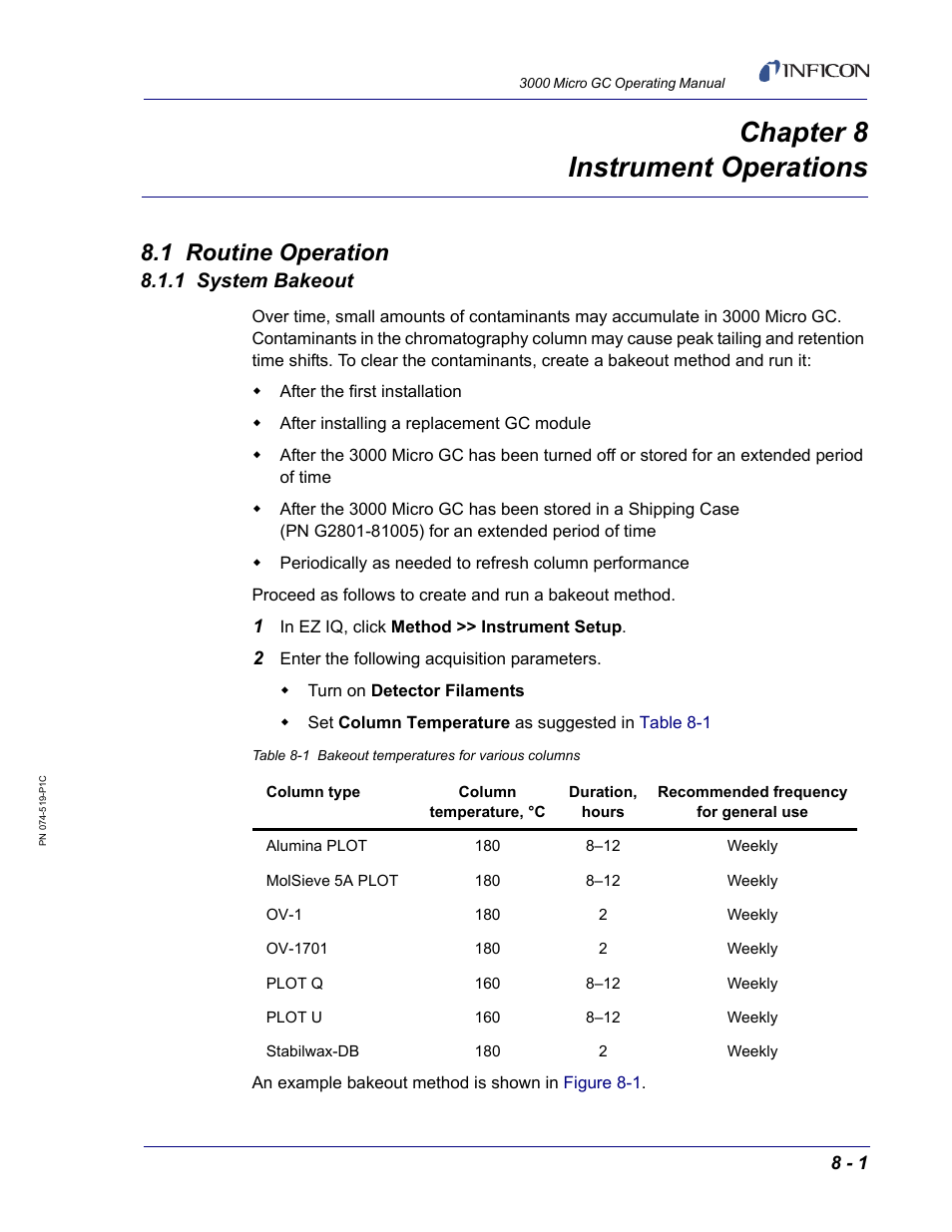 Chapter 8 instrument operations, 1 routine operation, 1 system bakeout | Chapter 8 | INFICON 3000 Micro GC Gas Analyzer Operating Manual User Manual | Page 183 / 268
