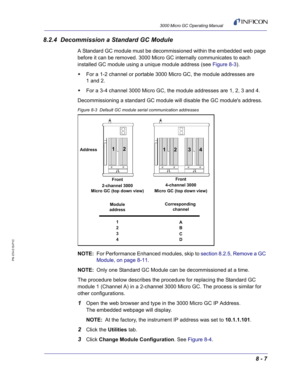 4 decommission a standard gc module, Section 8.2.4, decommission a | INFICON 3000 Micro GC Gas Analyzer Operating Manual User Manual | Page 189 / 268