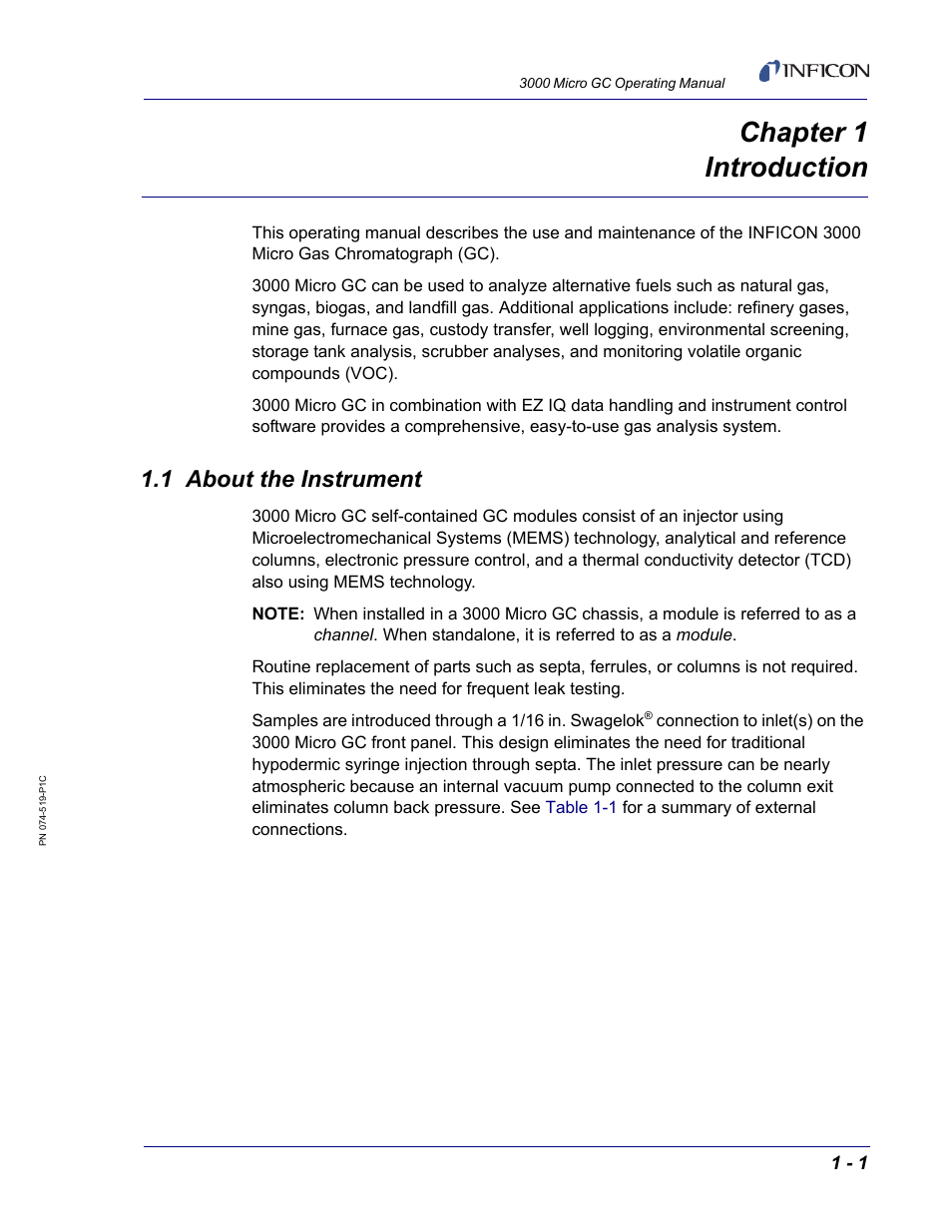 Chapter 1 introduction, 1 about the instrument, Chapter 1 | INFICON 3000 Micro GC Gas Analyzer Operating Manual User Manual | Page 19 / 268
